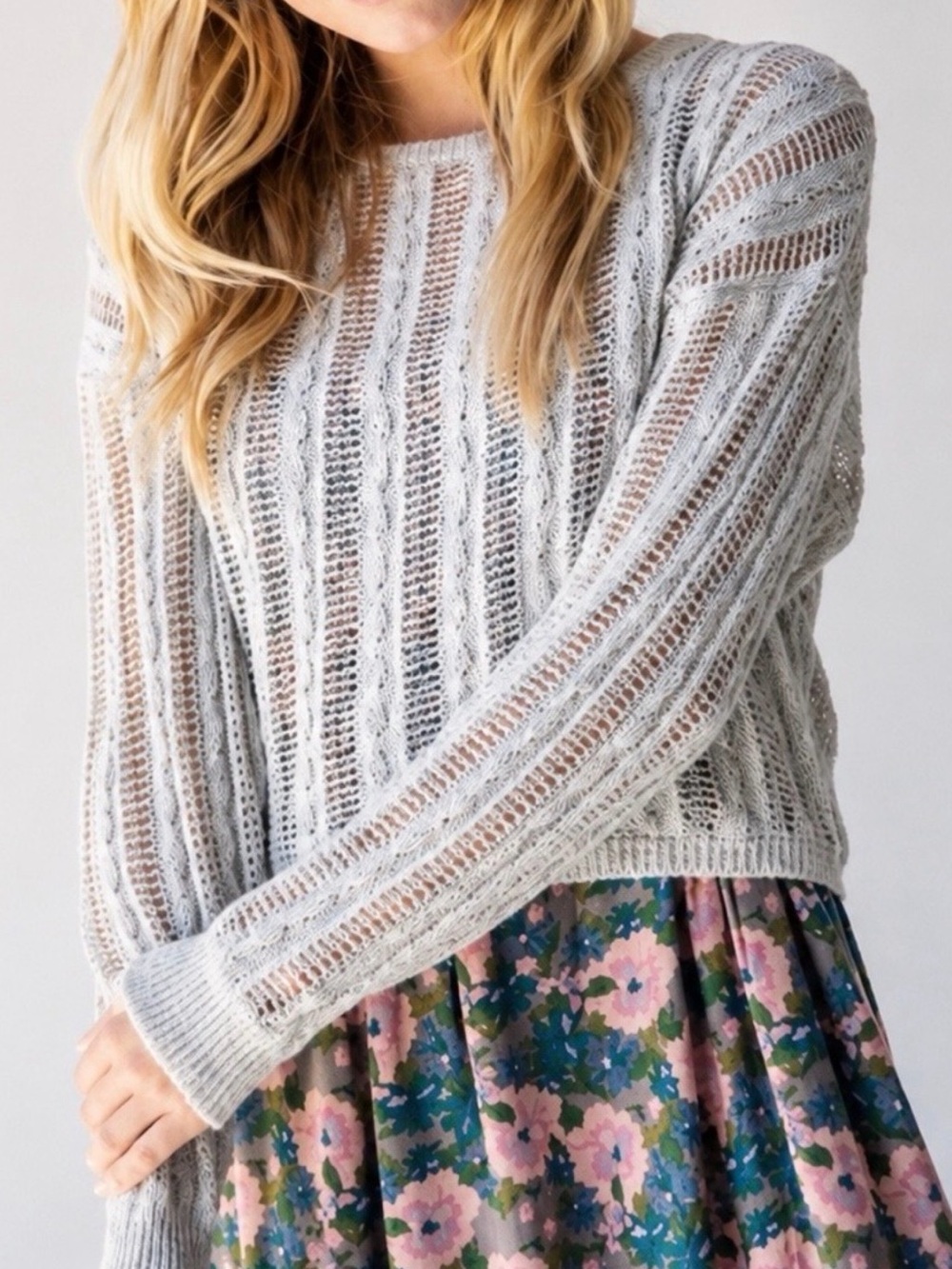 Natural Life Layering Open Knit Sweater Blue Silver Lacy Gray Metallic Small